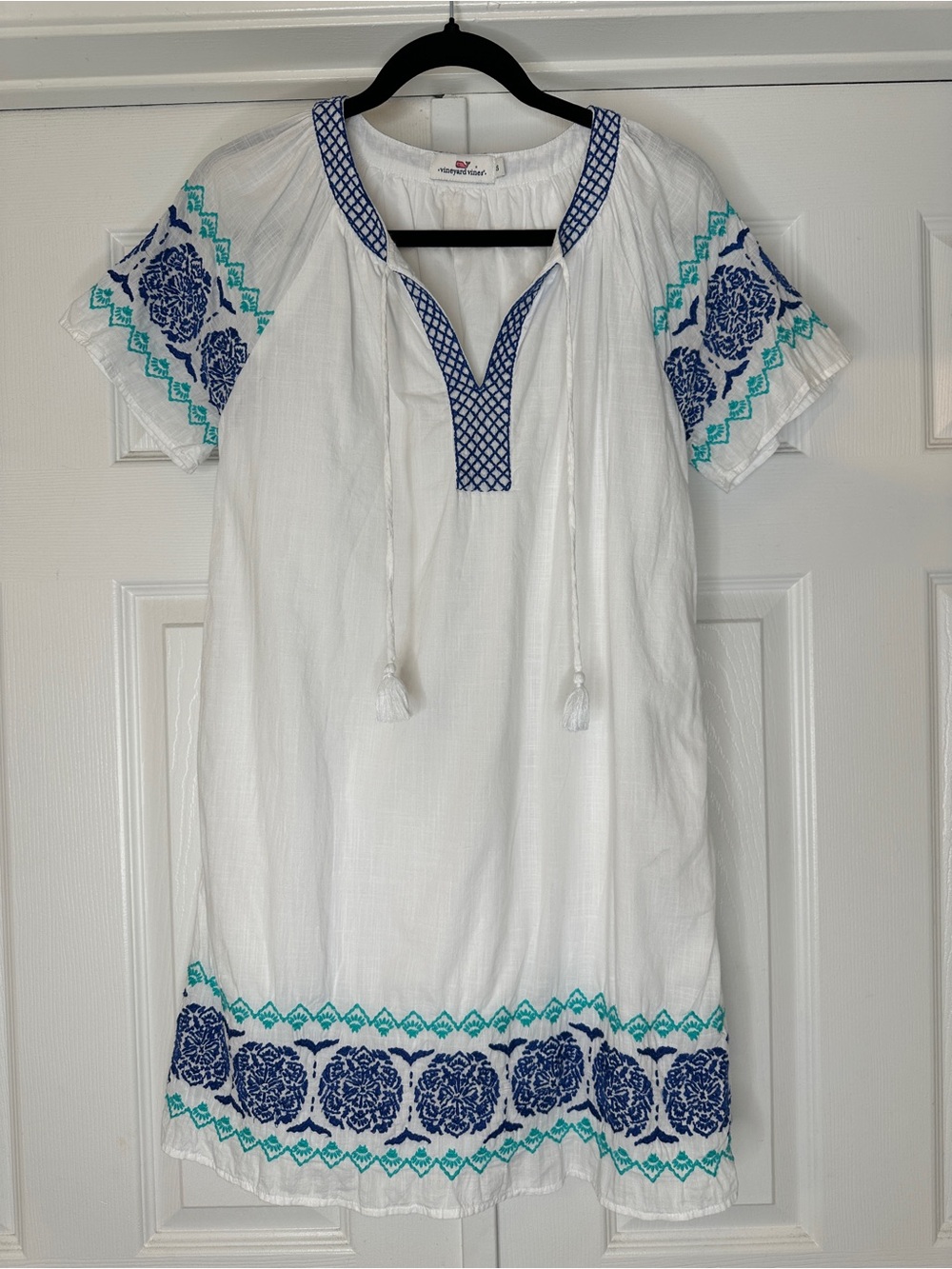 Vineyard Vines Embroidered Cotton Tunic Dress Cover Up White Blue XS